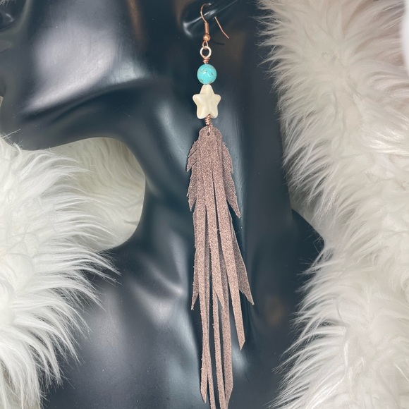 REDUCED Howlite Gemstone And Turquoise Genuine Brown Leather Fringe Earrings - Picture 3 of 15